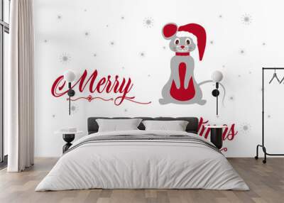 Greeting card, gray New Year`s Christmas mouse with a red cap and a scarf, on a white background with snowflakes, vector illustration Wall mural